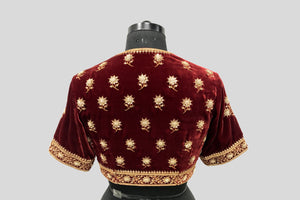 Velvet Dori Embroidery Flower Border Buti Blouse Maroon