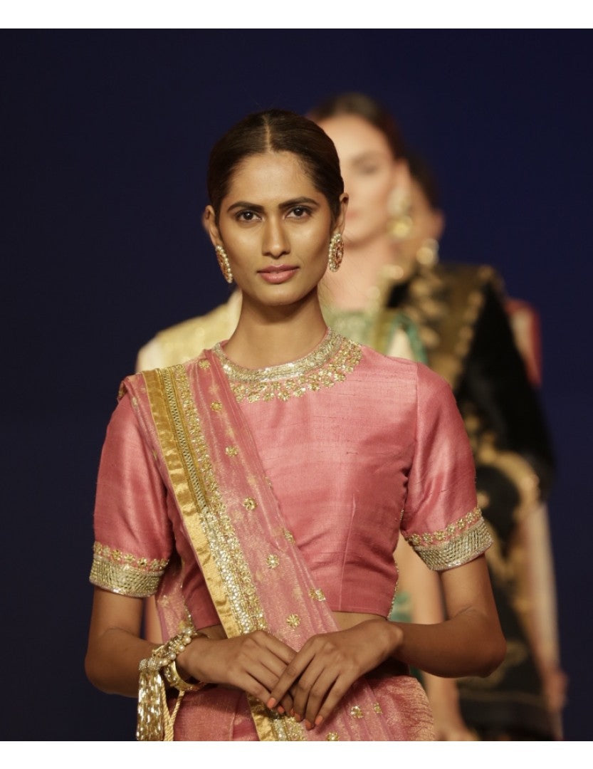Dupion Silk Dabka Mirror Buti Embroidered Pink Blouse