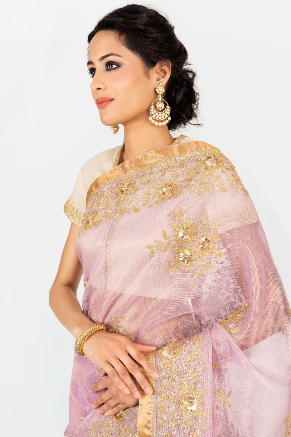 Kota Tissue Gulabdari Embroidery Mauve Saree