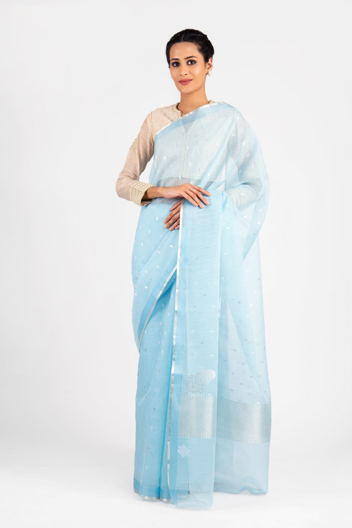 Kota Cotton Silver Thread and Zari Buti Saree