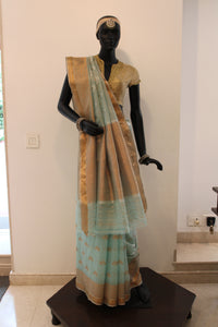 Kota Tissue Silver and Gold Zari Half & Half Buti Saree