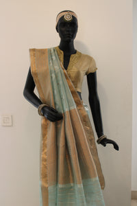 Kota Tissue Silver and Gold Zari Half & Half Buti Saree