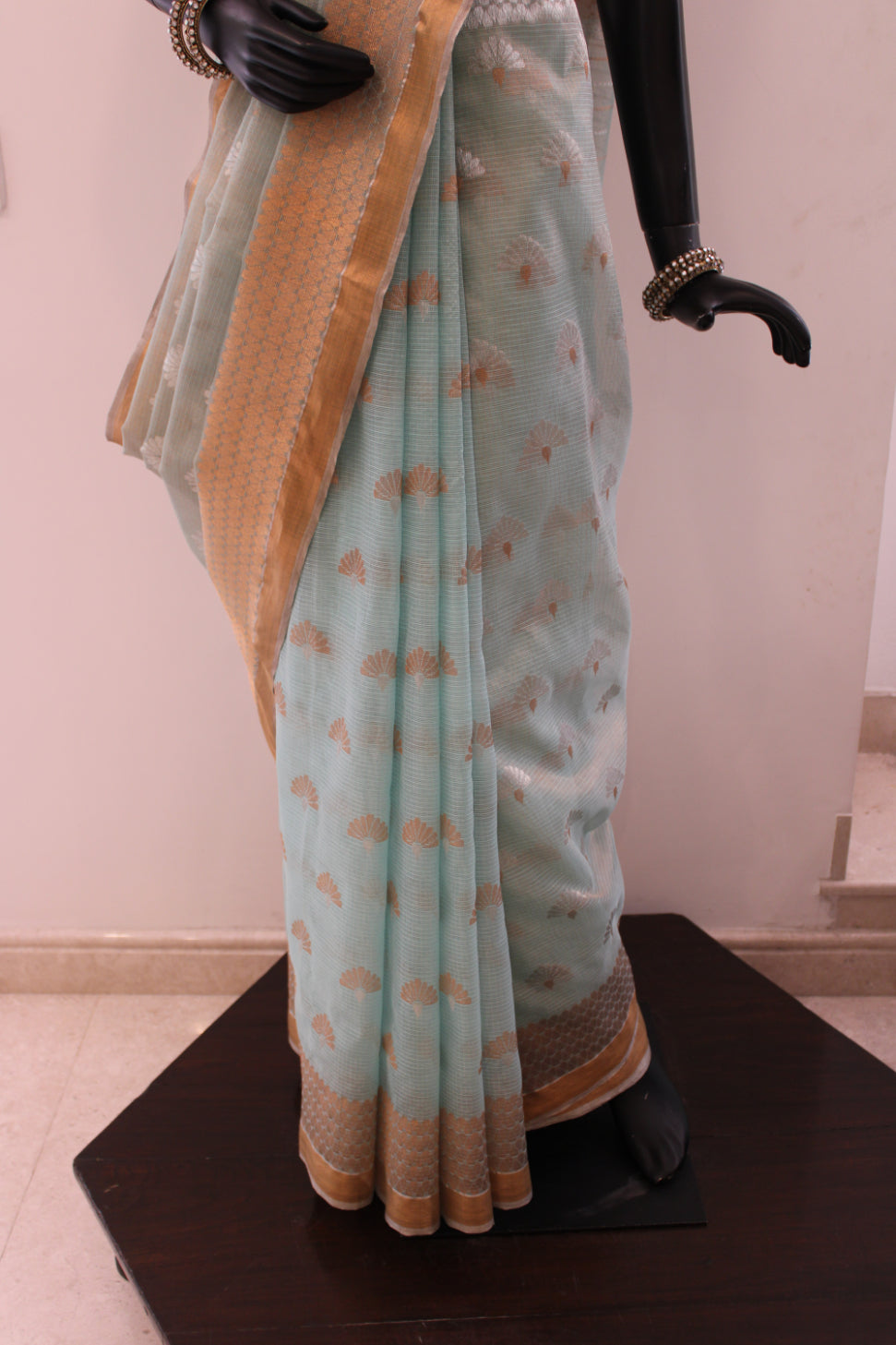 Kota Tissue Silver and Gold Zari Half & Half Buti Saree