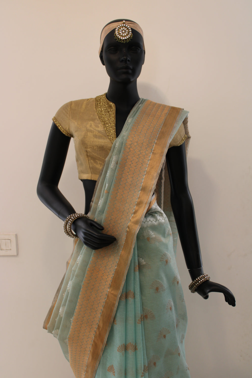 Kota Tissue Silver and Gold Zari Half & Half Buti Saree