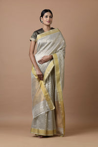 Kota Tissue Silver Gold Stripes Saree