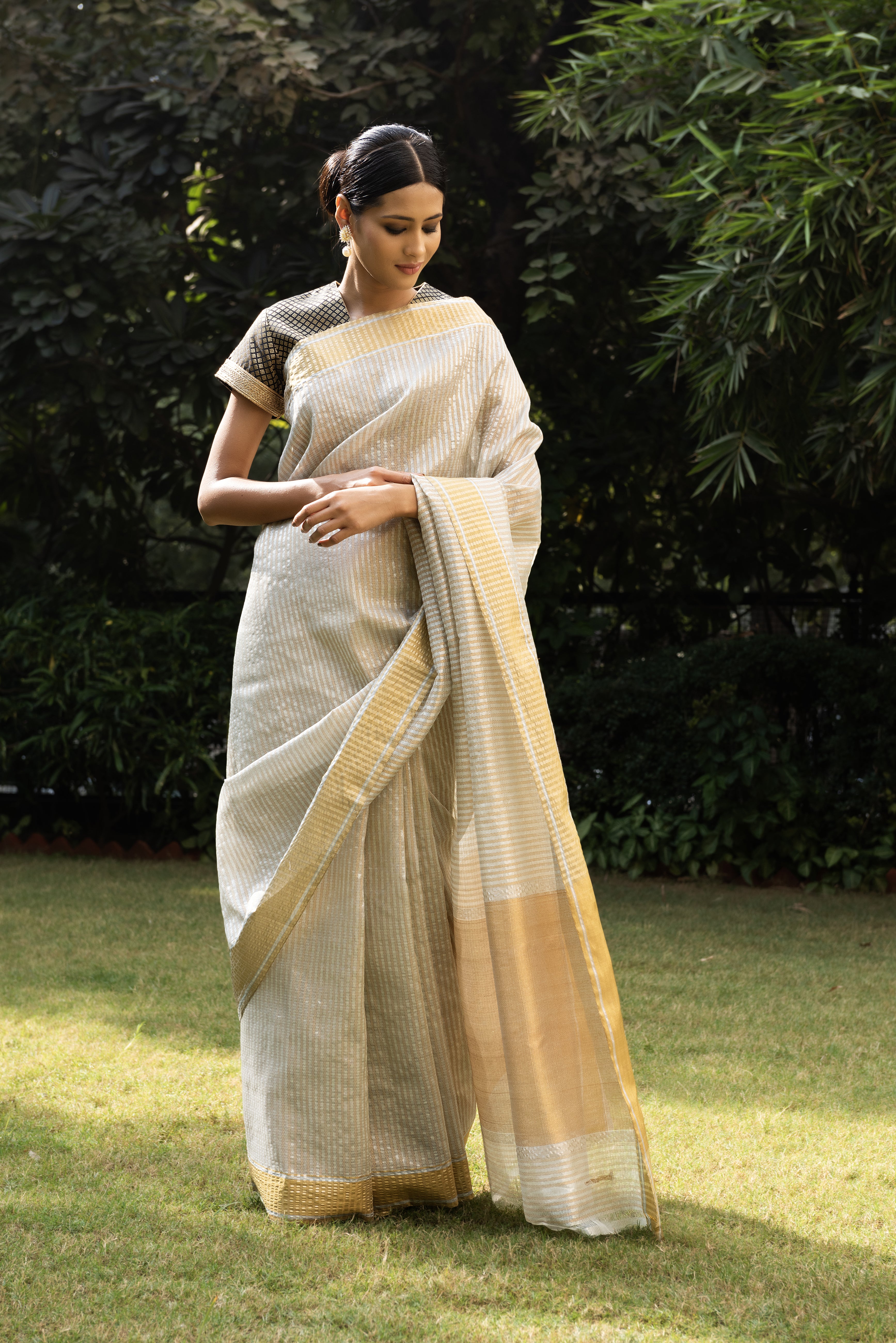 Kota Tissue Silver Gold Stripes Saree