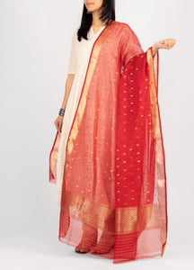 Kota Cotton Diamond Buti Zari Red Dupatta