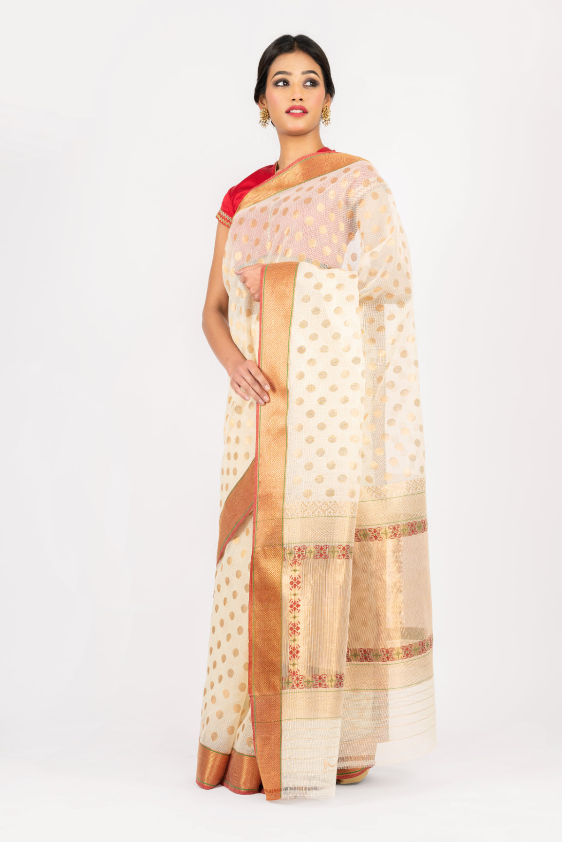 Kotah Sajda Buti Jacquard Border Off-White Saree