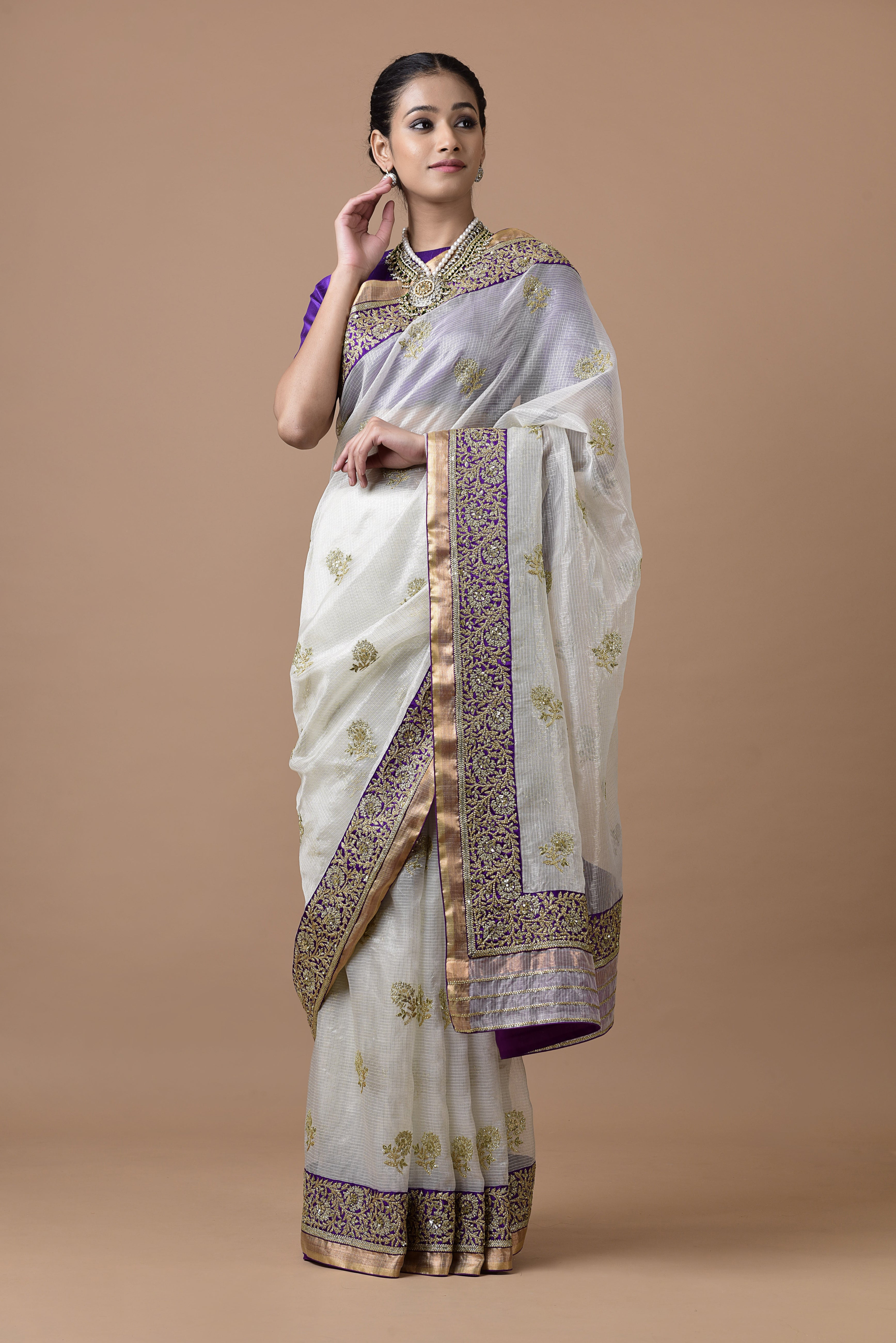 Kota Tissue Saree Gulbahar Embodeiry Border Tape Buti Saree