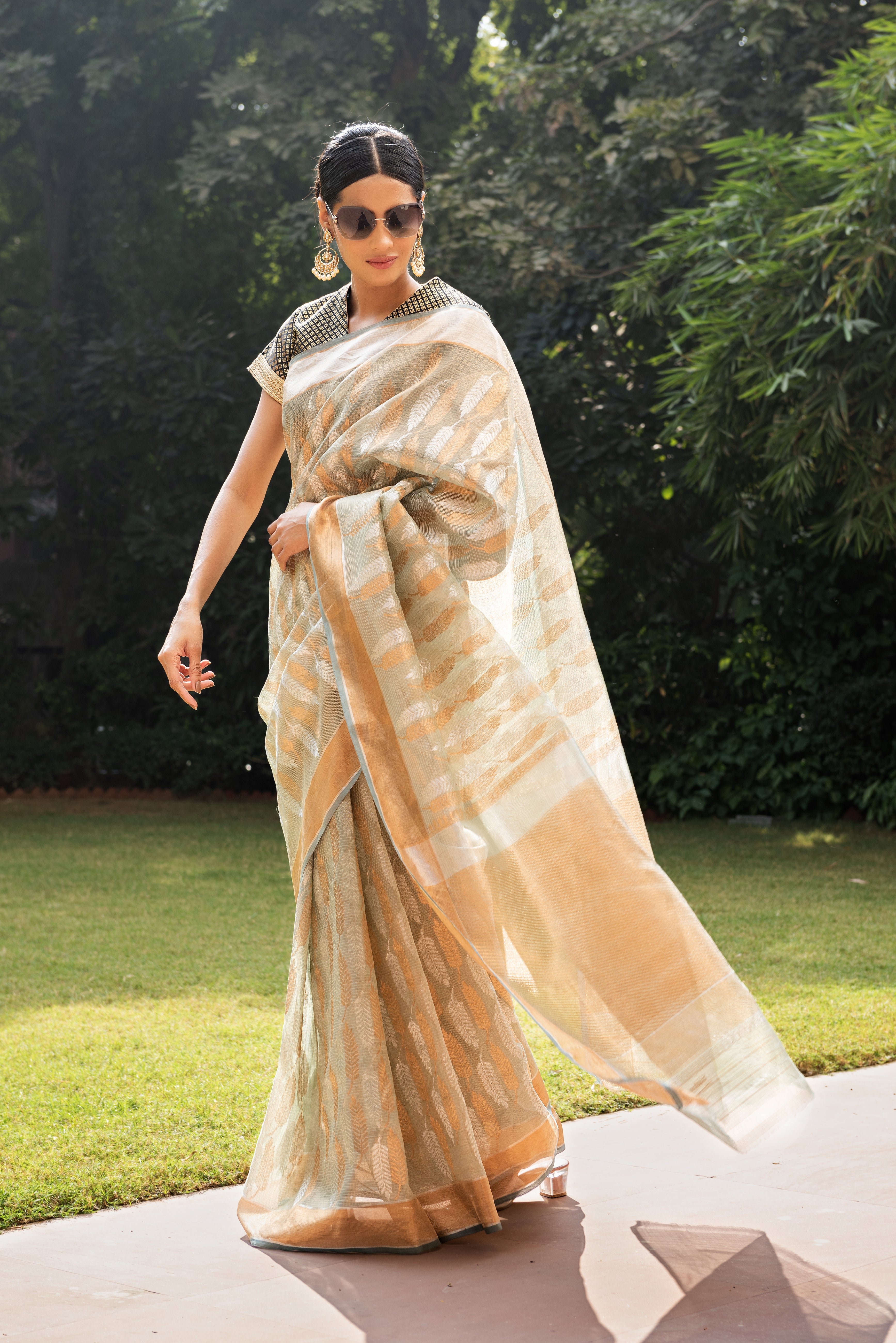 Kota Tissue Silver Gold Double Leaf Saree
