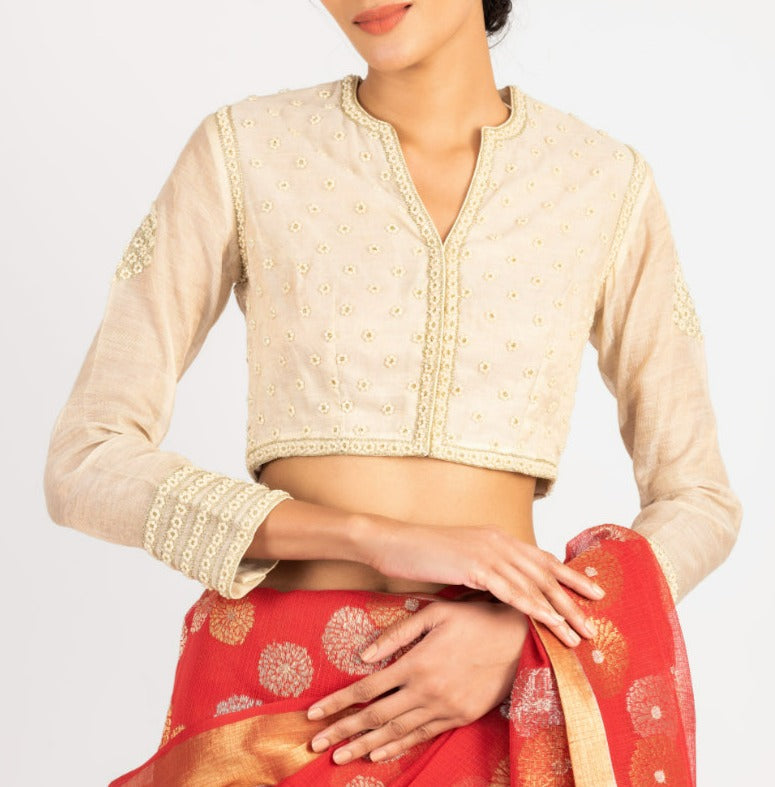 Tissue Chanderi Pearl Small Flower All Over Off White Blouse