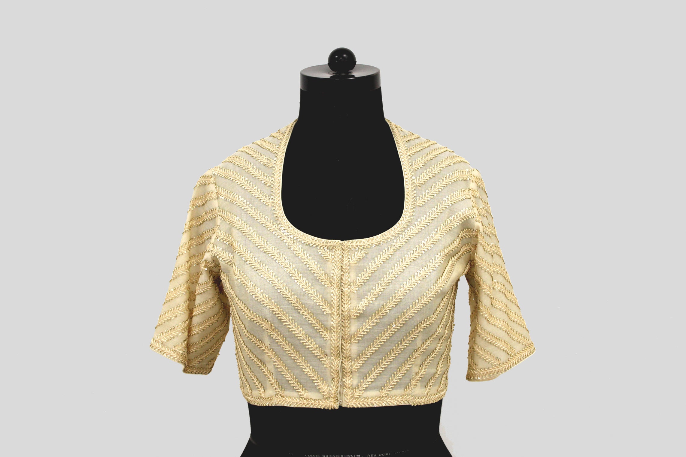 Tissue Chanderi Resham Sequence Herringbone Diagonal Line Off White Blouse