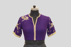 Matka Silk Parrot With Leaf Buti Purple Blouse