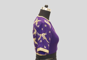 Matka Silk Parrot With Leaf Buti Purple Blouse