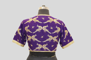 Matka Silk Parrot With Leaf Buti Purple Blouse