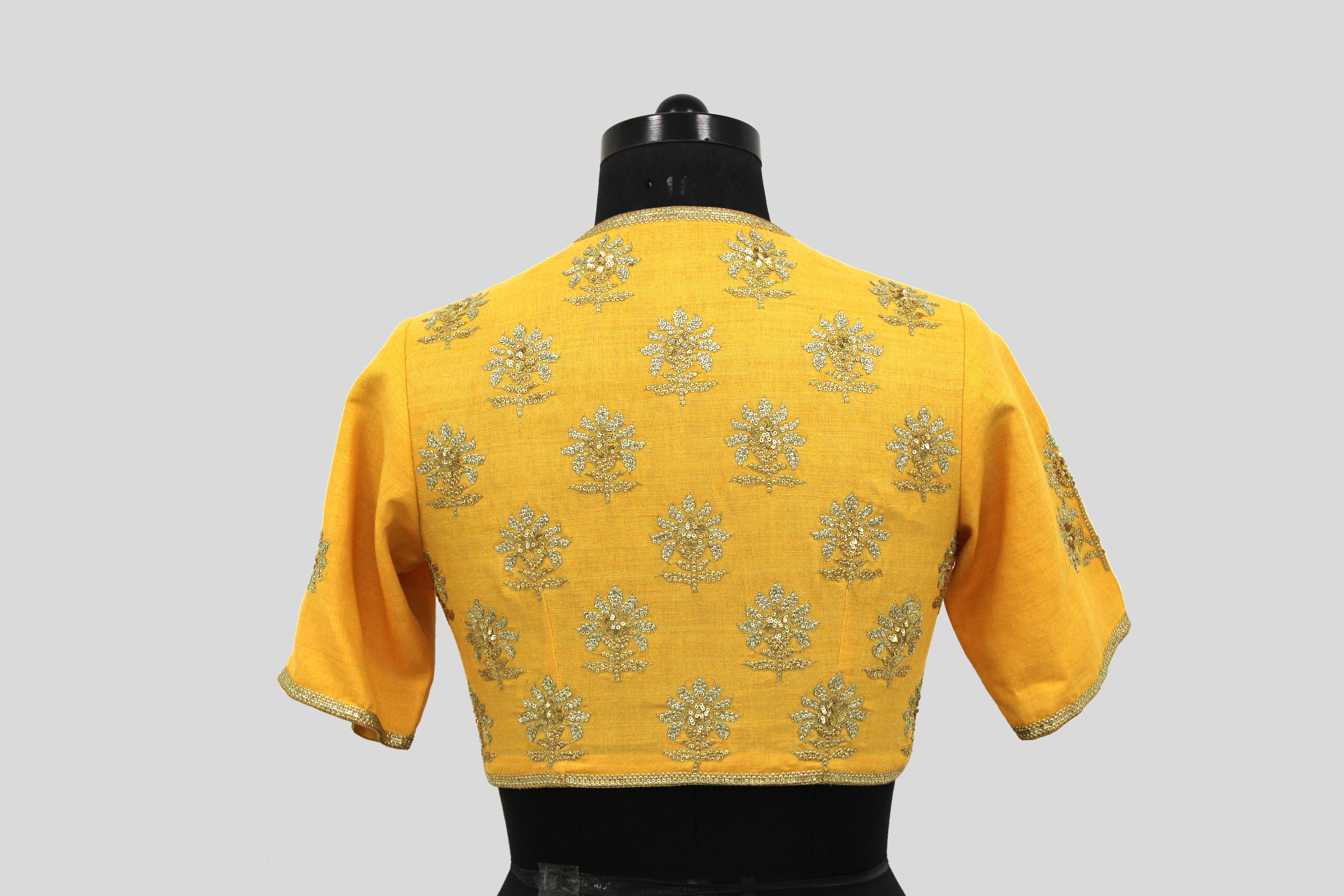 Dupion Silk Big Flower Buta Yellow Blouse