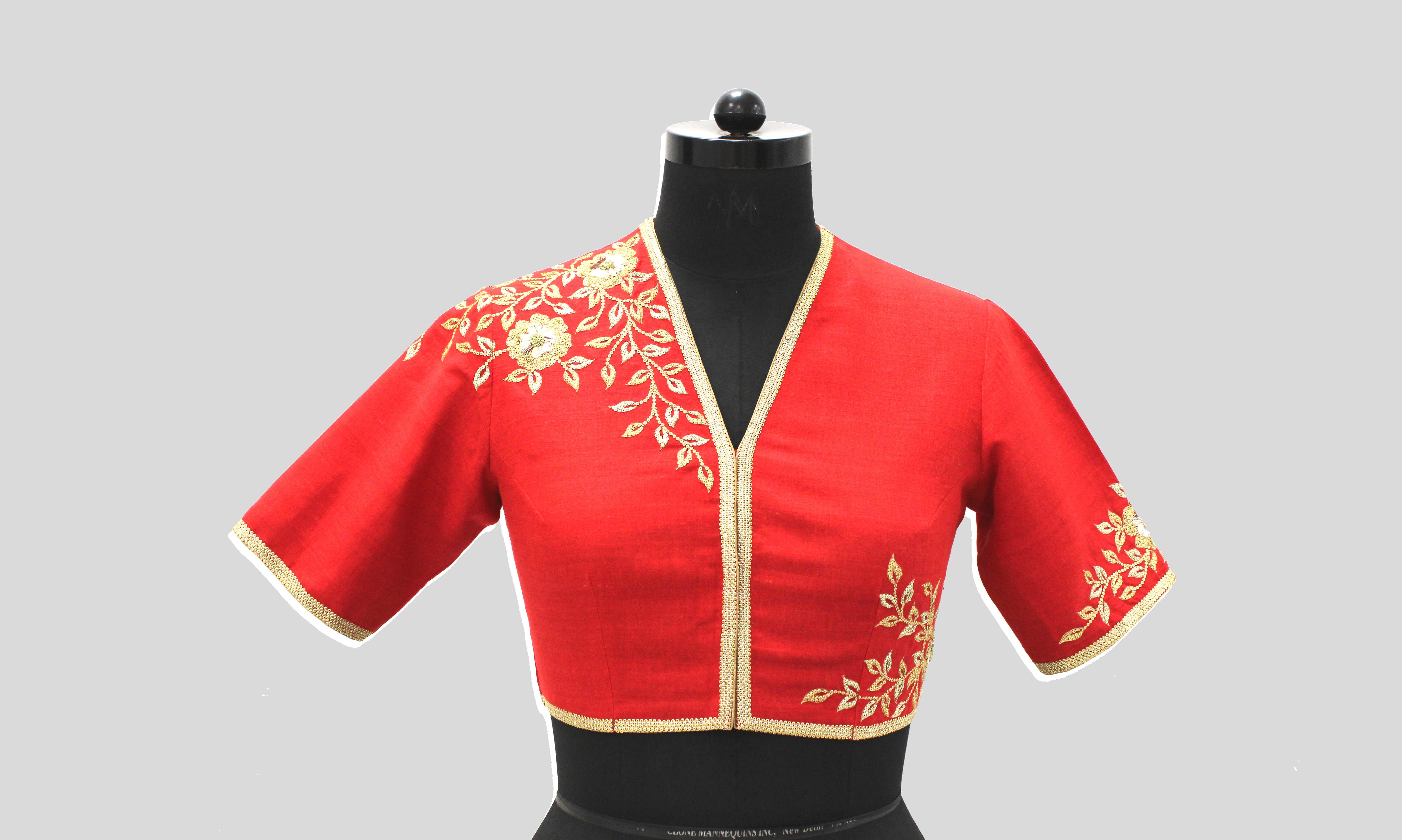 Dupion Silk Rose Jaal All Over Placement Embroidery Red Blouse