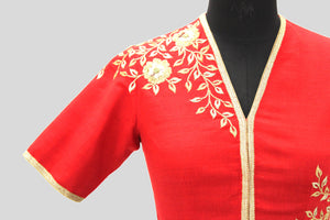 Dupion Silk Rose Jaal All Over Placement Embroidery Red Blouse