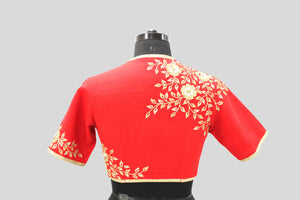 Dupion Silk Rose Jaal All Over Placement Embroidery Red Blouse
