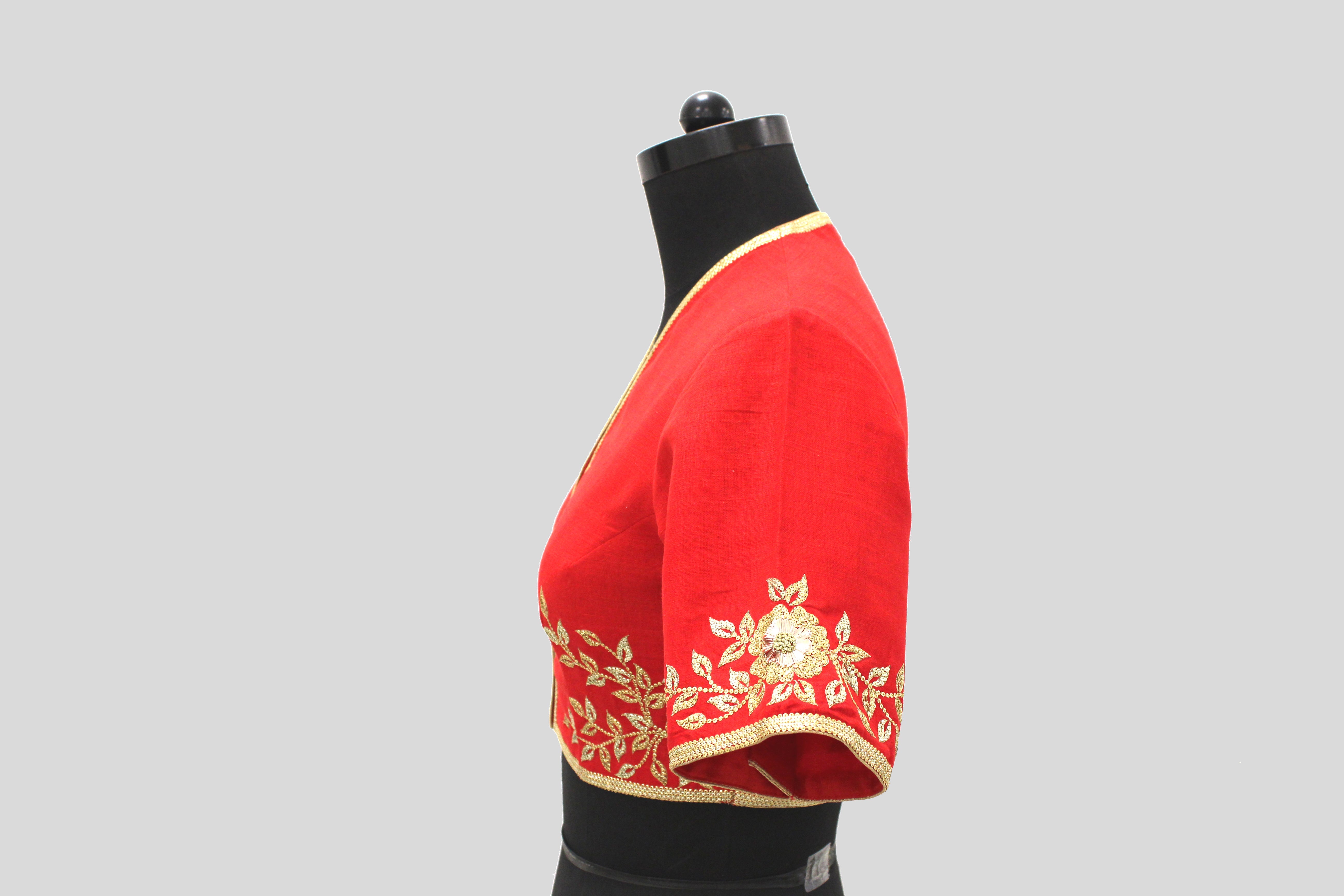 Dupion Silk Rose Jaal All Over Placement Embroidery Red Blouse