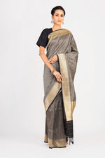 Load image into Gallery viewer, Benaras Silk Triangles Silver/Gold Zari Black Saree
