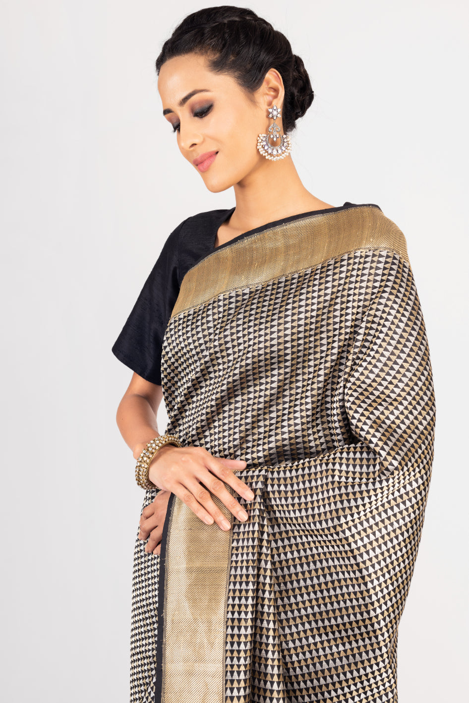 Benaras Silk Triangles Silver/Gold Zari Black Saree