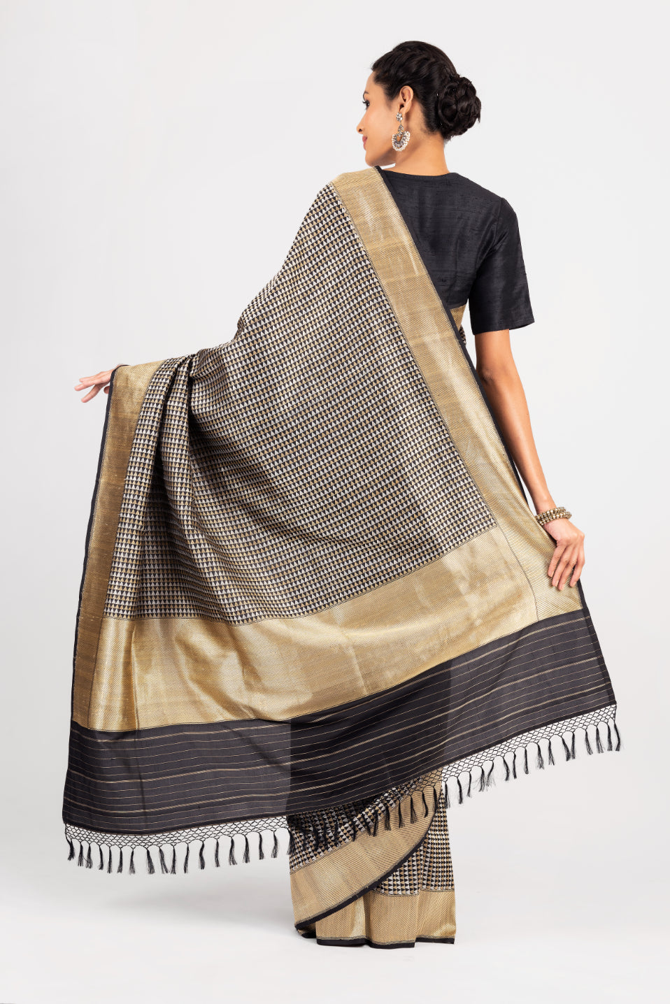 Benaras Silk Triangles Silver/Gold Zari Black Saree