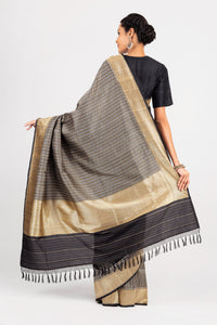 Benaras Silk Triangles Silver/Gold Zari Black Saree