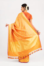 Load image into Gallery viewer, Benaras Satin Silk Rambling Roses Orange Saree
