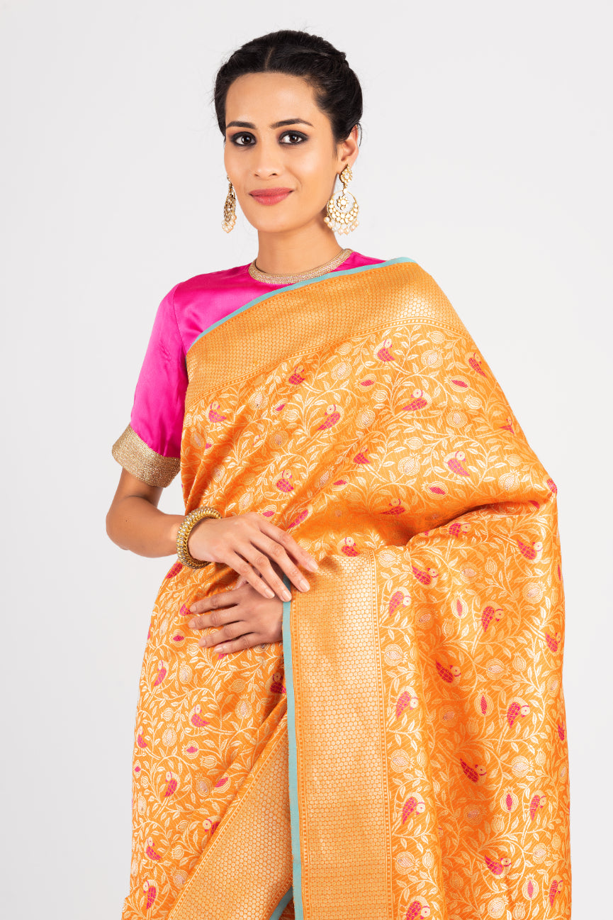 Benaras Silk Parrot with Anaar Jaal Orange Saree