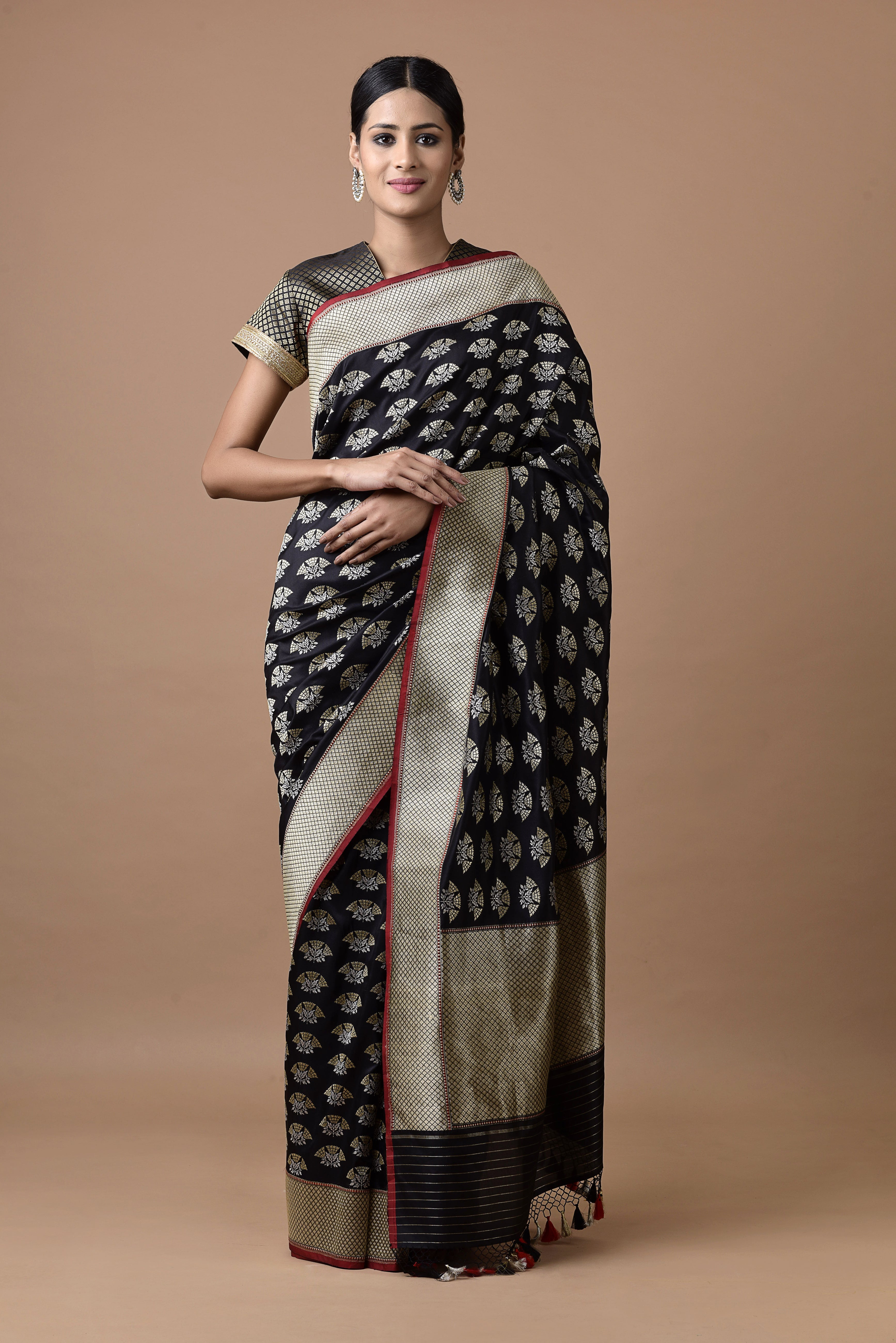 Benaras Silk Jhumka Buti Silver Gold Saree