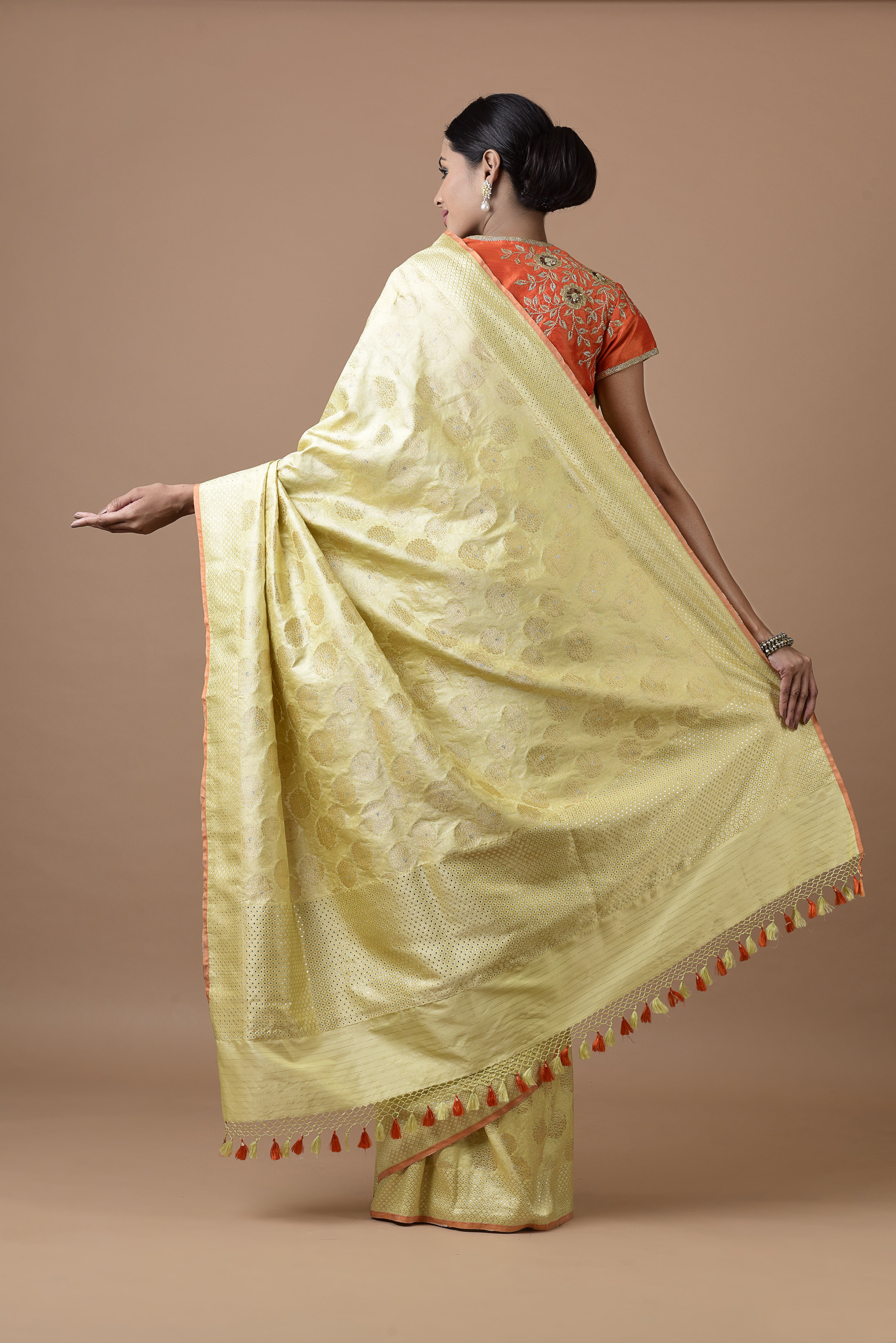 Benaras Silk Marigold Jaal Saree