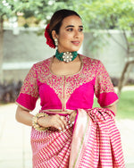 Load image into Gallery viewer, Dupion Silk Necklace Design Back Buta Fuchsia Blouse
