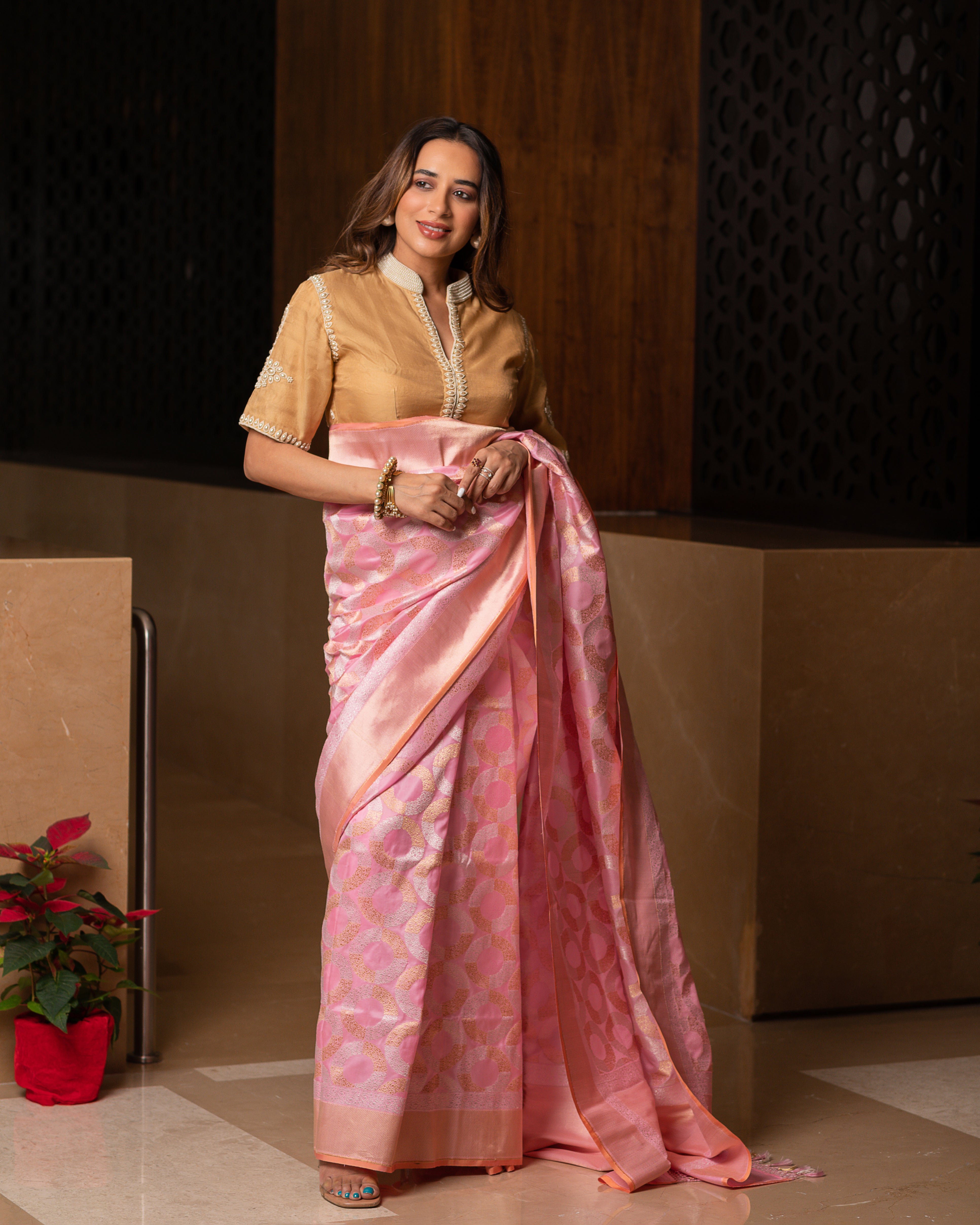 Tissue Chanderi Pearl Tikka Buti Beige Blouse Blouse