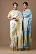Load image into Gallery viewer, Banarasi Katan Silk Silver and Gold Cluster Roses Saree
