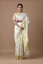 Load image into Gallery viewer, Banarasi Katan Silk Silver and Gold Cluster Roses Saree
