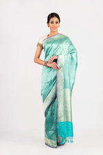 Load image into Gallery viewer, Benaras Silk Zari Char Khana Aqua Saree
