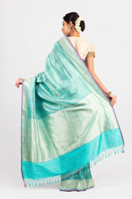 Load image into Gallery viewer, Benaras Silk Zari Char Khana Aqua Saree
