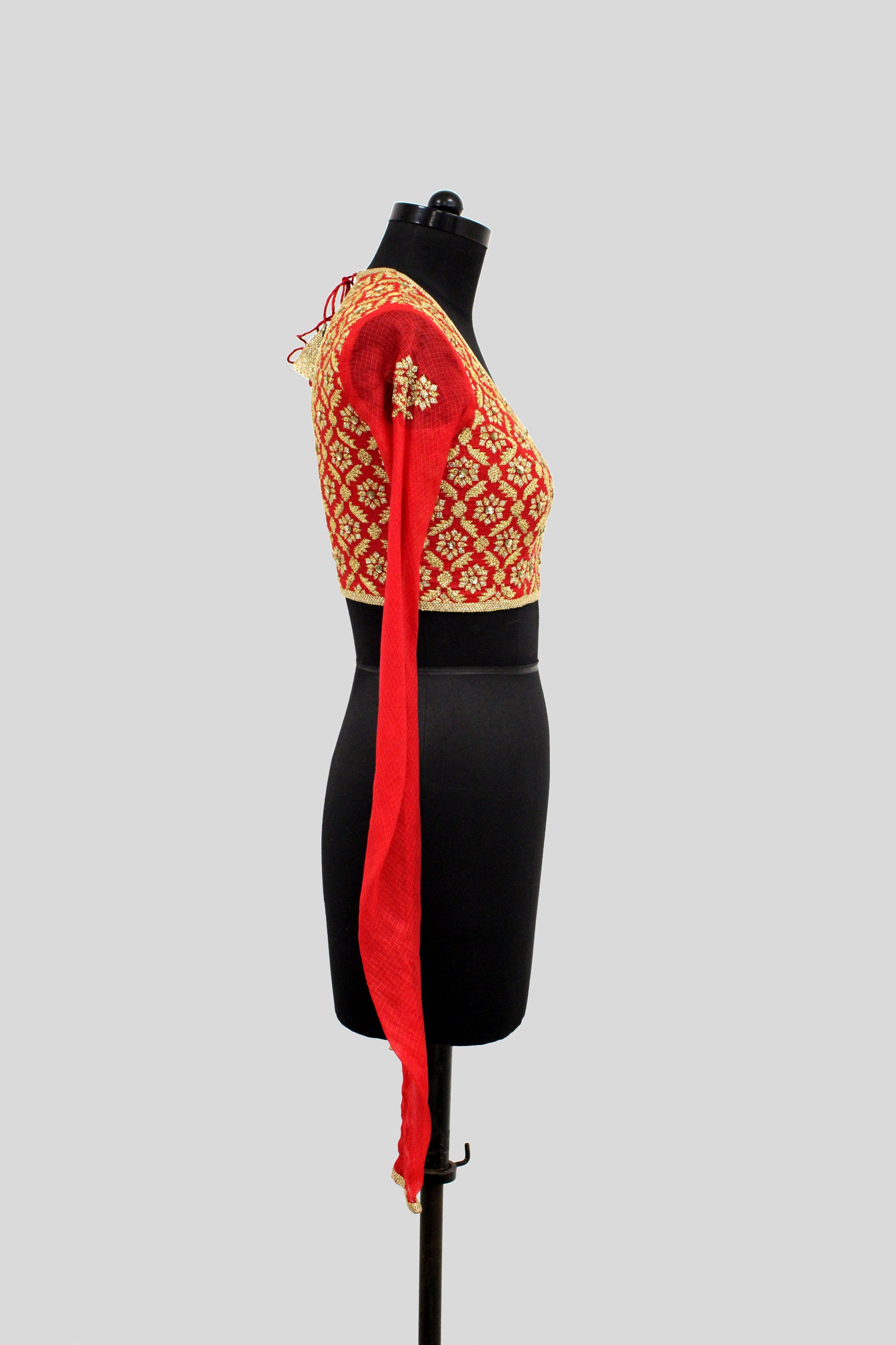 Kota Silk Flower with Geometrical Jaal Embroidery Red Chudi Blouse