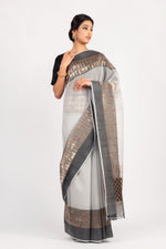 Load image into Gallery viewer, Kotah Shatranj Buti Silver/Gold with Black Border Saree
