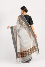 Load image into Gallery viewer, Kotah Shatranj Buti Silver/Gold with Black Border Saree
