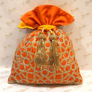 Dupion Silk Honeycomb Jaali Orange / Yellow Embroidered Potli