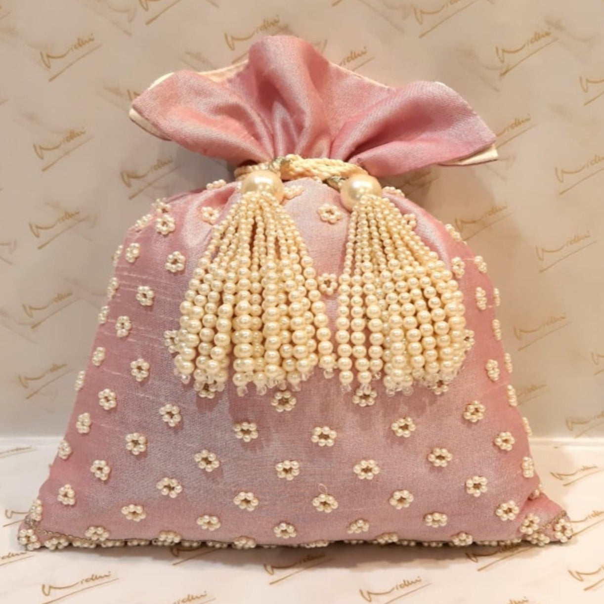 Dupion Silk Pearl Flower Embroidery Pink Potli