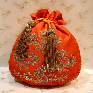 Matka Silk 3 Flower Buti Orange / Yellow Potli