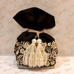 Load image into Gallery viewer, Dupion Silk Gara Rose Square Potli Black / Ivory Potli
