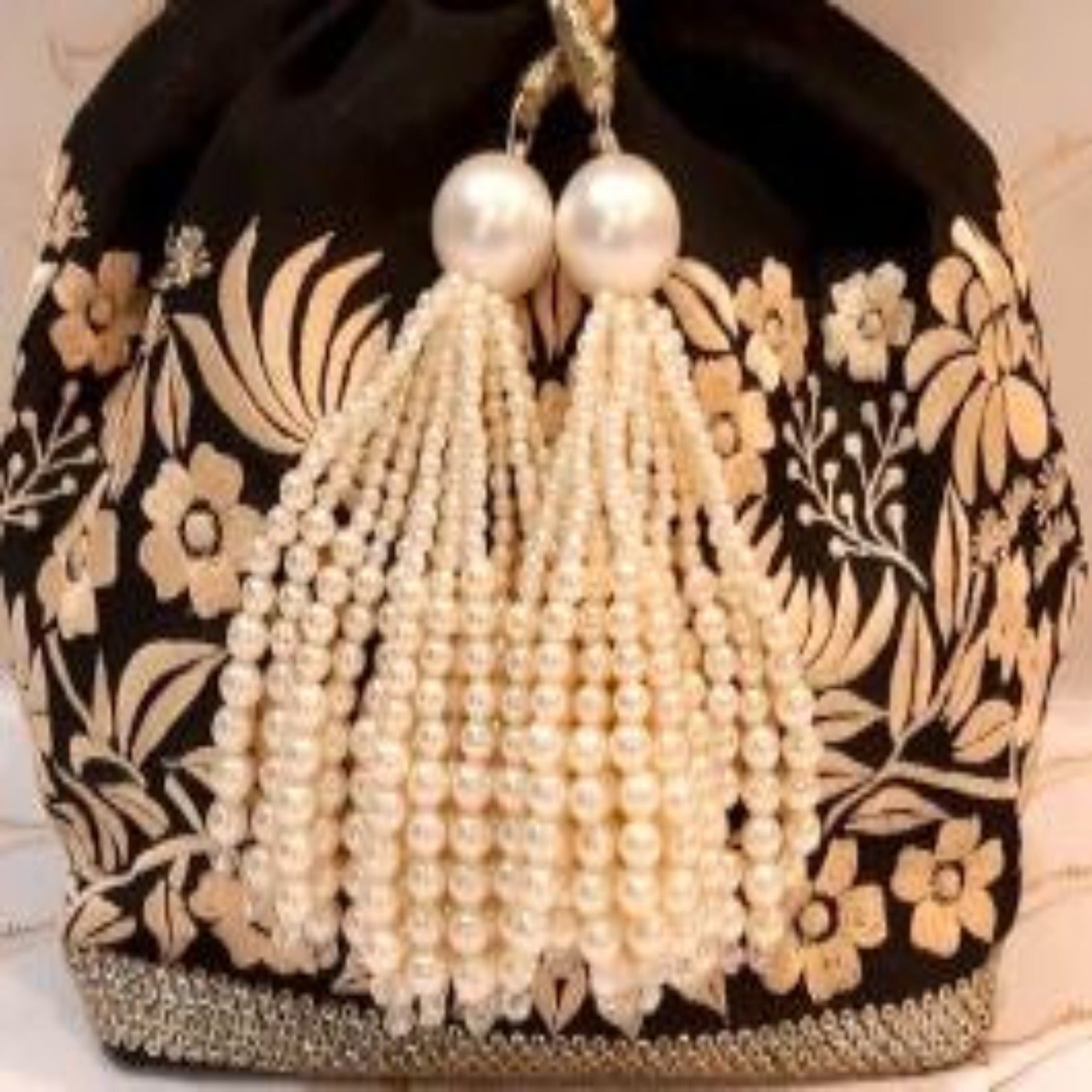 Dupion Silk Gara Rose Square Potli Black / Ivory Potli