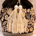 Load image into Gallery viewer, Dupion Silk Gara Rose Square Potli Black / Ivory Potli

