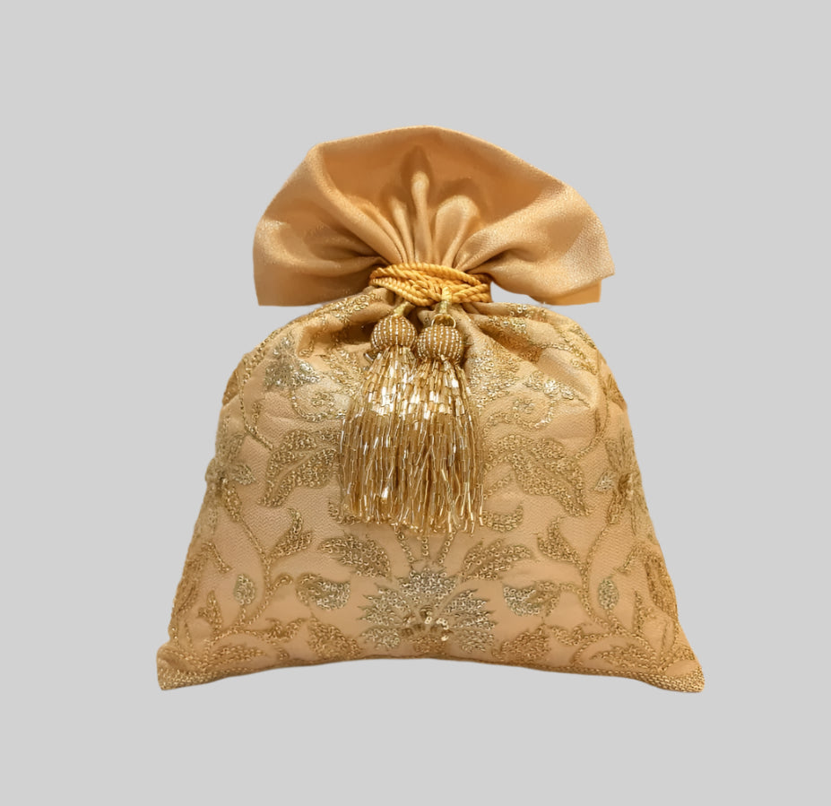 Benaras Twill Brocade with Mughal Jaal Embroidery Gold Potli