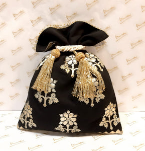 Brocade Khadi Foli Print WIth Dori Embroidery Small Buta Black/Silver Potli