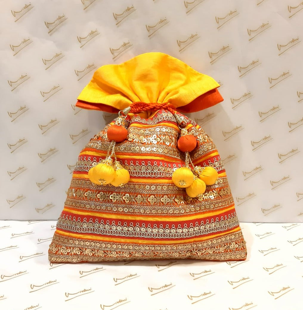 Dupion With Embroidery Tapes Yellow and Orange Potli